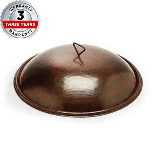 Image of a round, hammered copper fire pit lid with a three-year warranty.