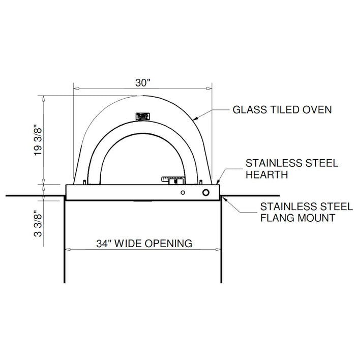 A technical drawing of a glass-tiled pizza oven. The oven has a stainless steel hearth, flange mount, and a 34-inch wide opening. The text also specifies dimensions of 3 3/8 inches by 19 3/8 inches.