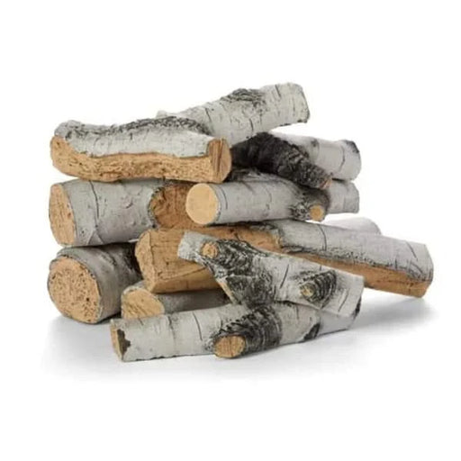 A close-up image of a set of 9 cast concrete fire logs designed to resemble aspen birch logs. The logs are colored in shades of white, gray, and brown, with realistic details like knots and bark texture. They are stacked together on a white background.