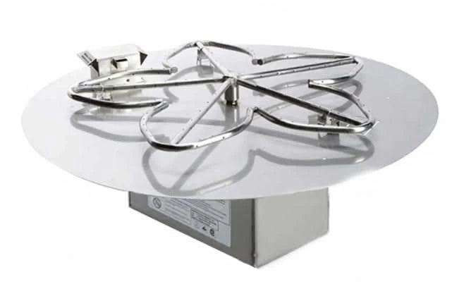 Stainless steel fire ring with a square box on top, both resting on a white background.