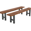 
A pair of modern outdoor benches with reddish-brown wooden slats for seats and dark grey or black H-shaped metal legs, shown against a light grey background. The longer bench is positioned behind and slightly above the shorter one.