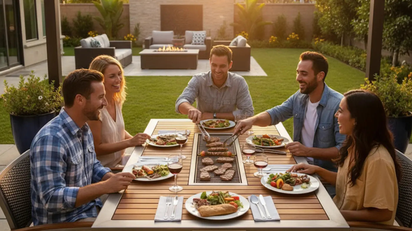 Group of people enjoying a meal outdoors around an ibbq table grill in a backyard setting.