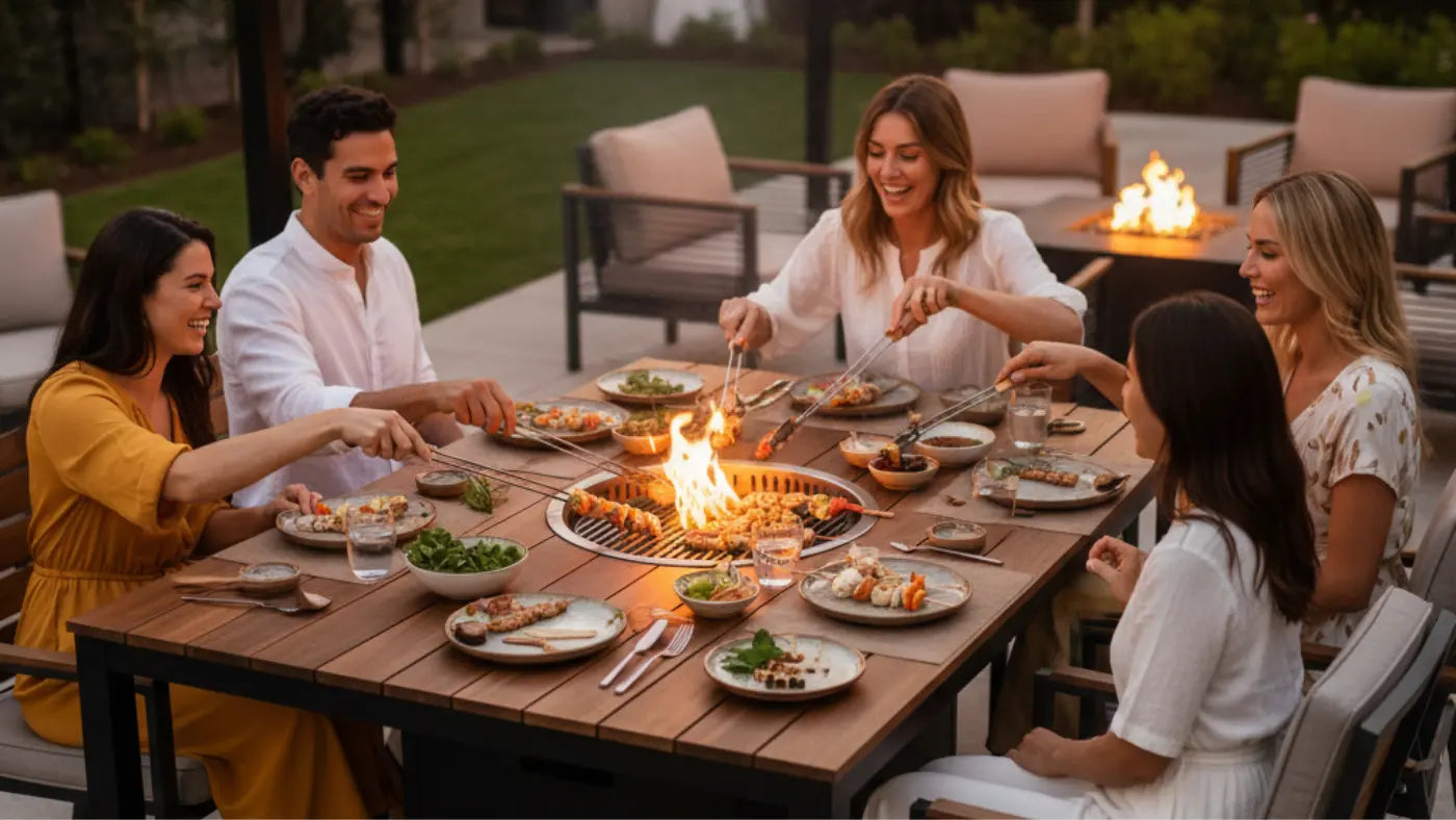 Group of people enjoying a meal around an outdoor ibbq table