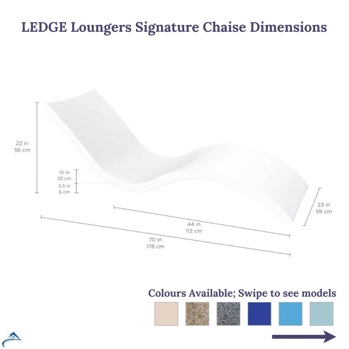 A line drawing of a Ledge Loungers Signature Chaise with measurements labeled in both inches and centimeters. The diagram shows the length, width, and height of the chaise