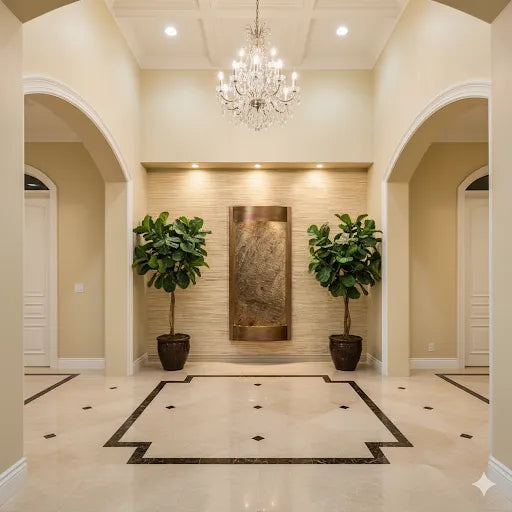 Luxurious hallway with chandelier, potted plants, and decorative indoor wall fountain