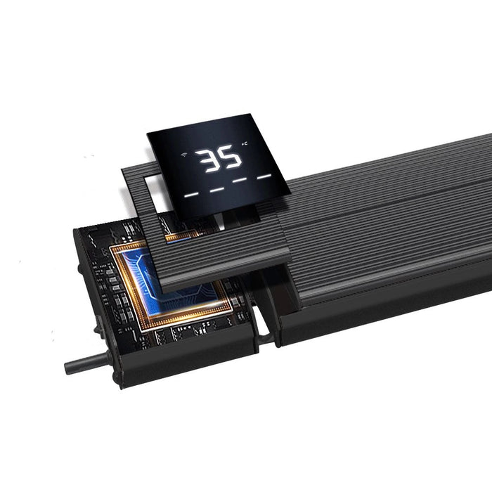 A cross-section of a black infrared heater, revealing the internal components and digital display.