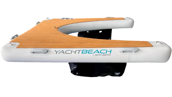 YachtBeach  single inflatable jet ski dock with wooden top and white sides on a white background