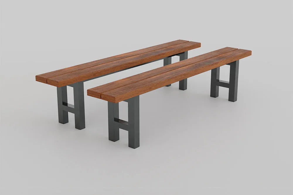 
A pair of modern wooden benches with dark metal legs on a light grey background. The benches feature two wide, reddish-brown wooden slats for the seat, with a visible wood grain. The legs are sturdy, rectangular dark grey or black metal supports. One bench is longer than the other, positioned slightly behind and to the left.