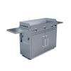 A stainless steel Le Griddle gas griddle with three burners, a center handle, a cabinet with two doors, and two side shelves.