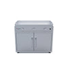 A stainless steel Le Griddle gas griddle with three burners, a center handle, and a cabinet with two doors.