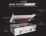 A cutaway illustration of the Le Griddle's dual-plate system. It shows a layer of cast iron on top of a stainless steel base, with arrows indicating even heat distribution. Text highlights features like low gas consumption and exclusive heat control design.