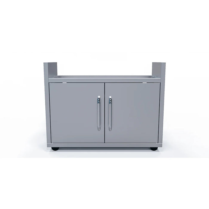 A stainless steel outdoor kitchen cart with two doors and two folding side shelves. The cart has four wheels and appears to be designed to hold a gas grill or griddle.