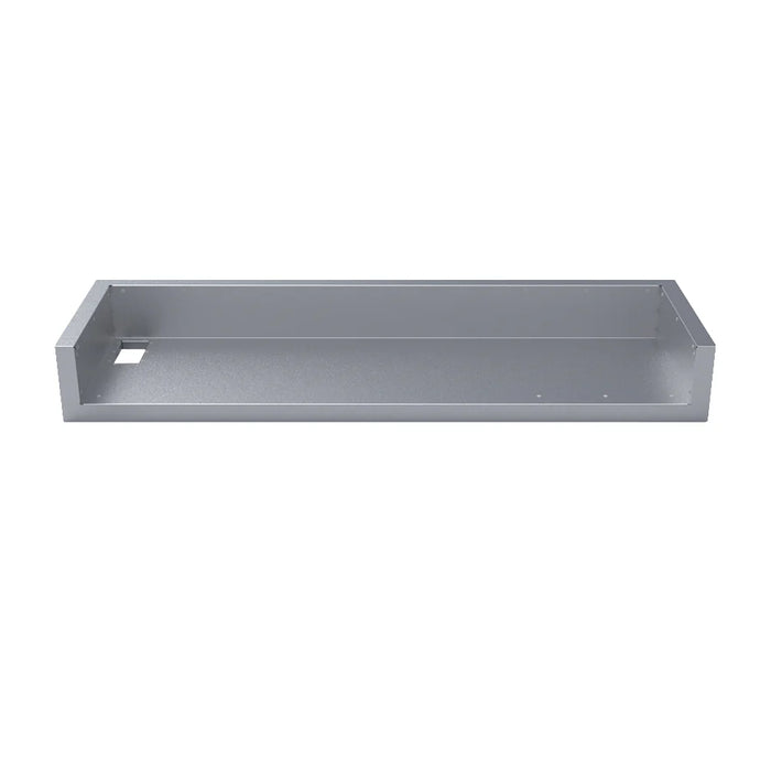 A rectangular metal tray with raised edges on three sides. There is a small rectangular cutout on one of the raised edges.