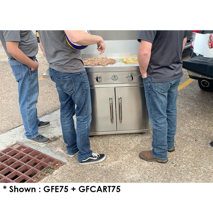 men grilling around a stainless steel griddle that it on top of a griddle cart