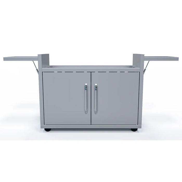 A stainless steel outdoor kitchen cart with two doors and two folding side shelves. The cart has four wheels and appears to be designed to hold a gas grill or griddle.