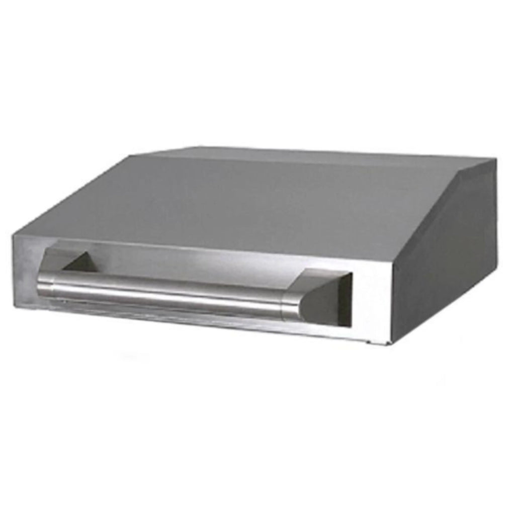 A stainless steel griddle lid with a handle. The lid has a slanted top and a flat base.