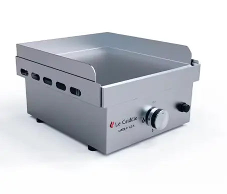 A silver Le Griddle countertop gas griddle with a flat cooking surface and a single temperature control knob.