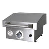 A stainless steel Le Griddle countertop griddle with a glass lid. The griddle features a single knob for temperature control and a push button on the front.