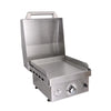 A stainless steel Le Griddle countertop griddle with the lid open. The griddle features a single knob for temperature control and a push button on the front.