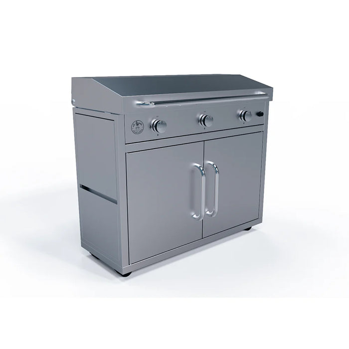 A stainless steel outdoor kitchen station with a built-in gas griddle. The griddle has three burners and control knobs, and the station has two doors for storage.