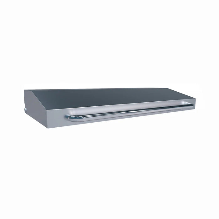 A stainless steel griddle lid with a metal handle.