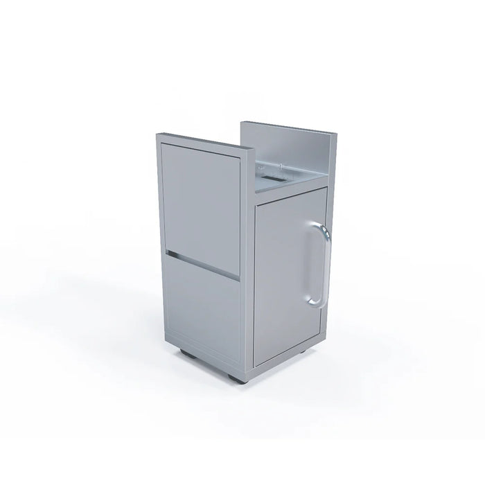 An image of a stainless steel outdoor kitchen cart with a sleek, modern design. The cart features a closed cabinet with a door for storage and four wheels for easy mobility. The top of the cart is designed to accommodate a grill, likely a built-in or portable model.