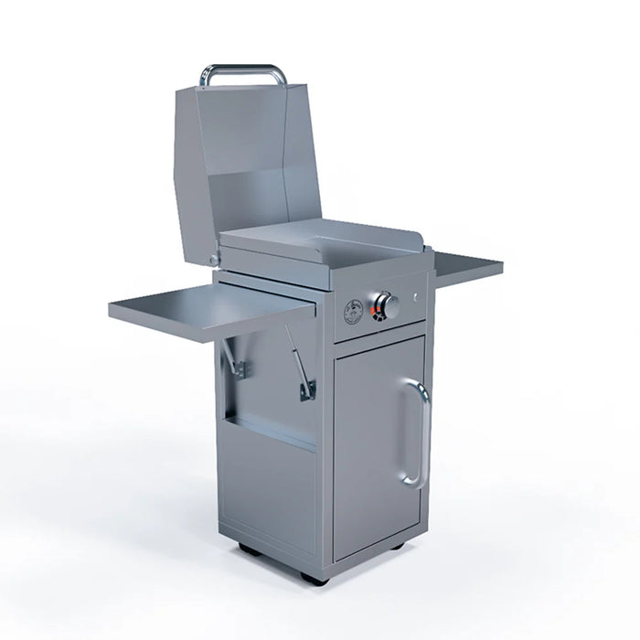 An image of a stainless steel outdoor grill cart. The cart has a closed cabinet with a door, a retractable side shelf, and four wheels. A grill is mounted on top of the cart, with a hinged lid open to reveal the cooking surface.