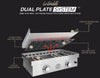 A diagram showcasing the unique Le Griddle Dual Plate System. It explains how a 1/2 inch thick cast iron heater plate provides even heat distribution across the stainless steel cooking surface.