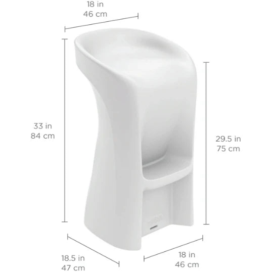 A line drawing of a white, modern-looking pool bar stool with a curved seat and back. The stool is shown from the side with dimensions labeled in inches and centimeters.