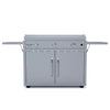 A Le Griddle gas griddle featuring a large cooking surface, two burners, a center handle, and a cabinet with two doors for storage.