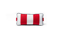 Rectangular headrest pillow with attachment straps for chaise lounge featuring thick red and white vertical stripes and navy blue piping.