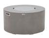 A light gray concrete propane outdoor patio fire pit, the Noble House Zachary model, with dimensions marked: 43.31 inches (110cm) wide and 22.05 inches (56cm) tall, showing brown rocks in the center.