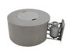 A gray, cylindrical gas fire pit with a flat lid on top and a propane tank on a sliding tray extending from the side.