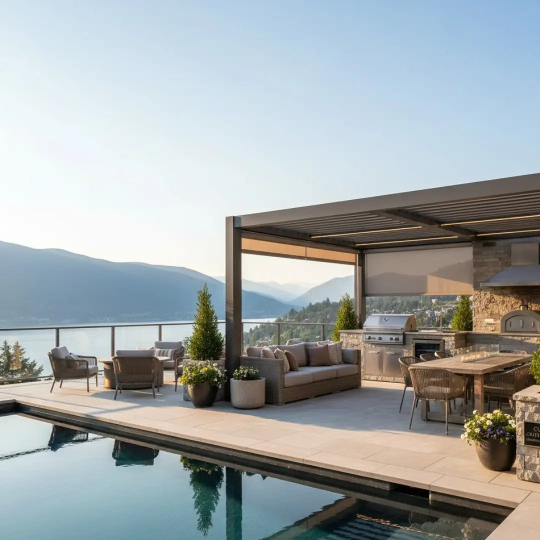 An elegant outdoor living space with a swimming pool overlooking a lake and mountains at sunset. The patio features a modern pergola, comfortable seating areas, a dining table, and a sophisticated outdoor kitchen with a grill and pizza oven. Potted plants and manicured trees add to the luxurious ambiance.