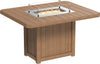Durable outdoor fire pit table, perfect for entertaining guests. Features a weather-resistant design, glass wind guard, and propane-powered fire pit.