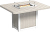 rectangle outdoor dining table made of weather-resistant material with a built-in fire pit and glass wind guard.