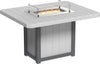 Durable outdoor fire pit table, perfect for entertaining guests. Features a weather-resistant design, glass wind guard, and propane-powered fire pit.