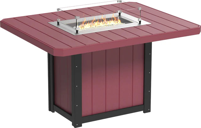 A rectangular outdoor dining table with a built-in fire pit. The table is made of weather-resistant red material with black accents and has a glass wind guard to protect the flame.