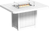 A sturdy rectangular outdoor dining table with a built-in fire pit. The table is made of weather-resistant white material and has a glass wind guard to protect the flame.