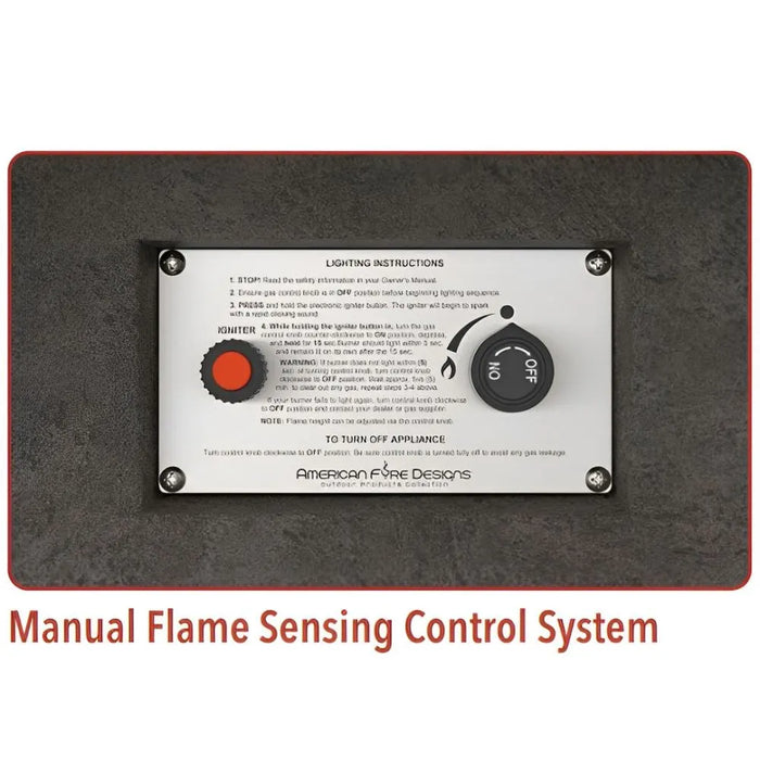 A detailed view of the fire pit table's control panel. The "IGNITER" knob initiates the flame, while the "OFF/HI/LO" knob allows you to adjust the flame intensity for a customized outdoor experience.