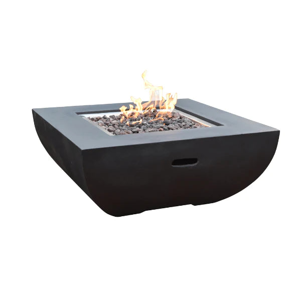 square outdoor fire pit table that is lit on lava rocks on a white background