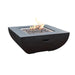 square outdoor fire pit table that is lit on lava rocks on a white background