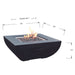 square fire pit table lit on lava rocks on a white background with dimension break down