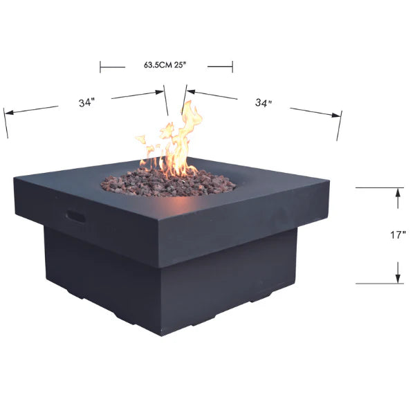 round fire pit table on a white background with dimension breakdown