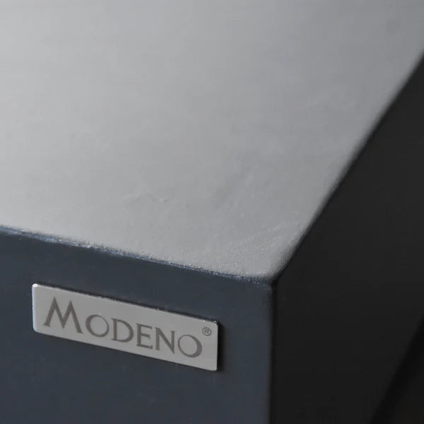 modeno logo on dark grey fire table close up view