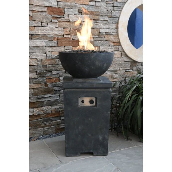 dark grey fire column with round fire pit that is lit on a bowl of lava rocks