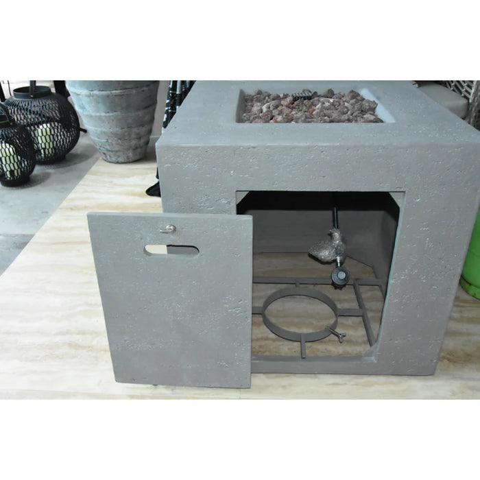 modeno light grey ellington square fire pit table with lava rocks and gas tank close up