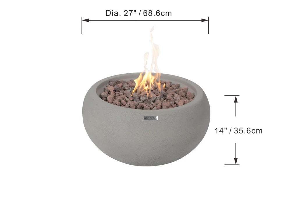 round fire pit bowl with lava rocks being in yellow and orange flames on a white background with measurement breakdown of fire pit