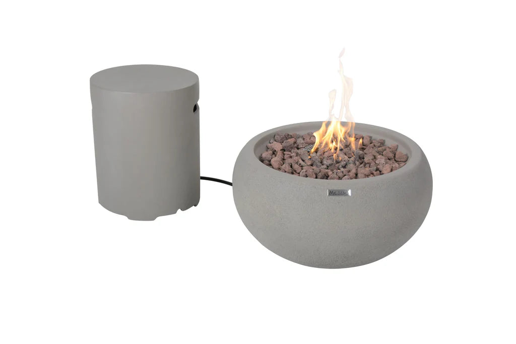 round fire bowl with matching propane tank cover on a white background