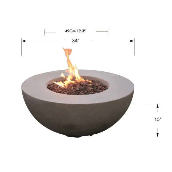 round fire pit table with fire pit burning on lava rocks on a white background with dimension breakdown